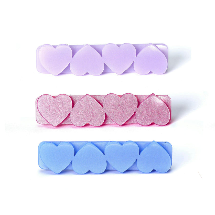 Hearts Trio Satin Pink Blue Purple Hair Clips -VAL