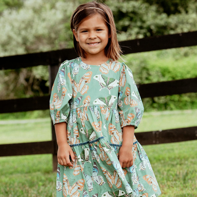 Girls Maribelle Dress - Green Butterflies