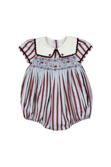 MARINE STRIPE BLUE BURGUNDY SMOCKED ROMPER
