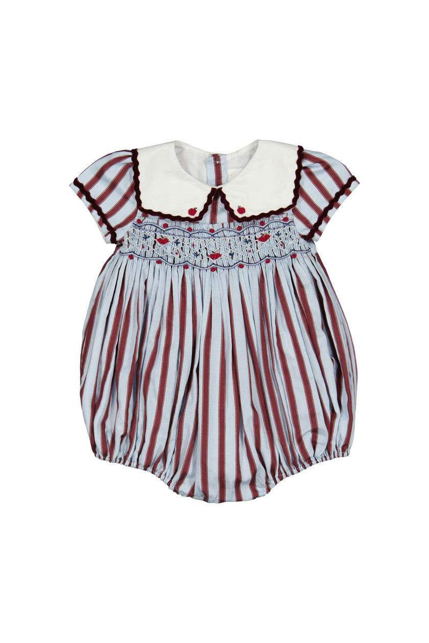 MARINE STRIPE BLUE BURGUNDY SMOCKED ROMPER