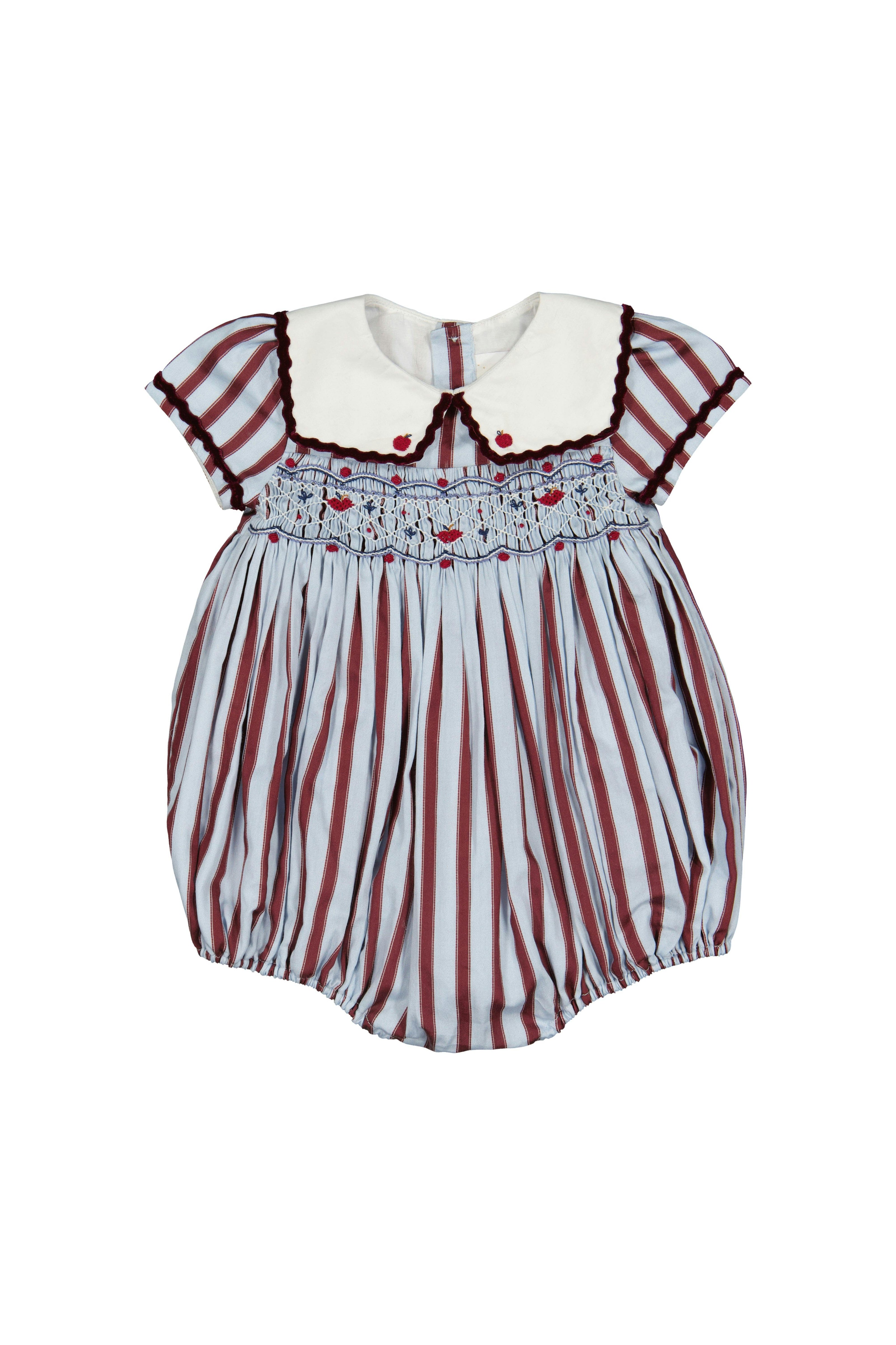 MARINE STRIPE BLUE BURGUNDY SMOCKED ROMPER