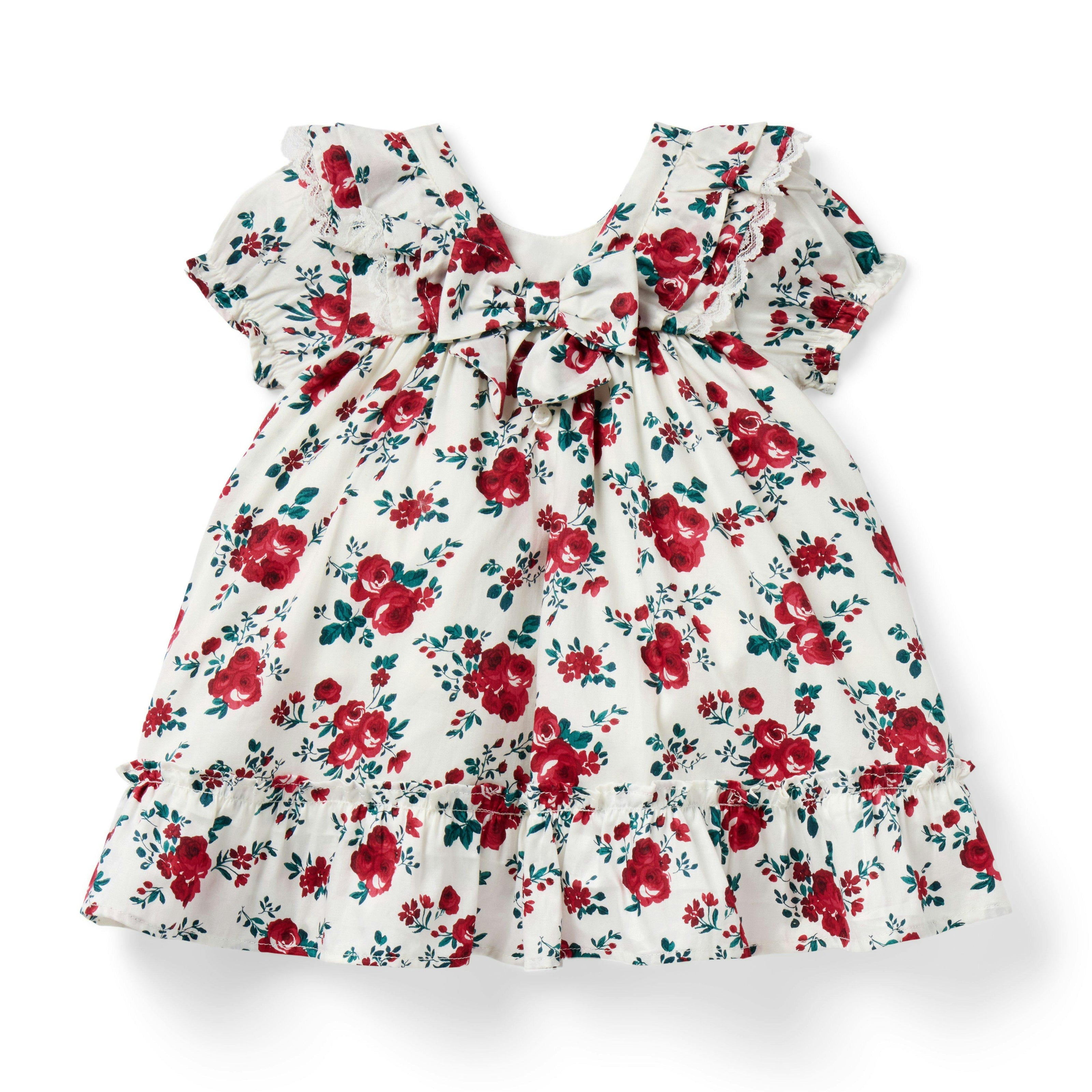 Baby Floral Lace Trim Dress, ivory