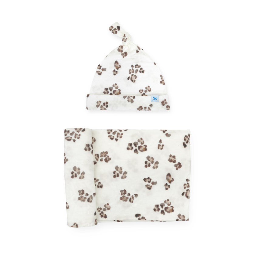 Stretch Knit Swaddle and Hat Set - Micro Cheetah