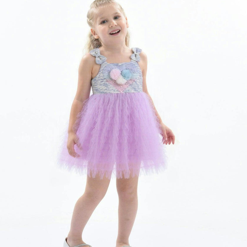 Purple Tulle Silhouette Bow Pom Dress