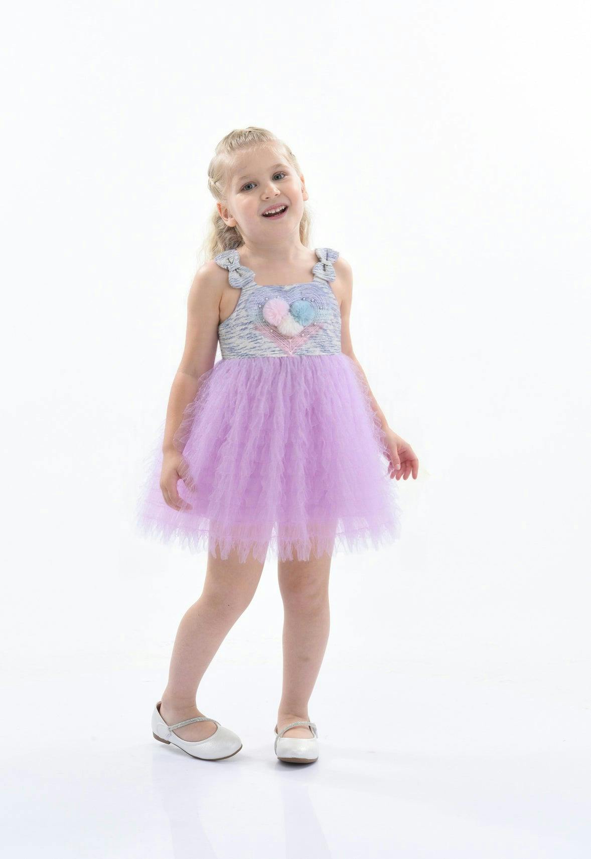 Purple Tulle Silhouette Bow Pom Dress
