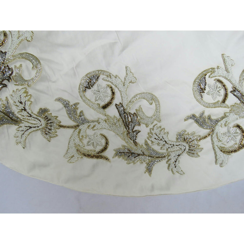 Hand Beaded Imperial Design Large Silk Cream Christmas Tree Skirt 60"