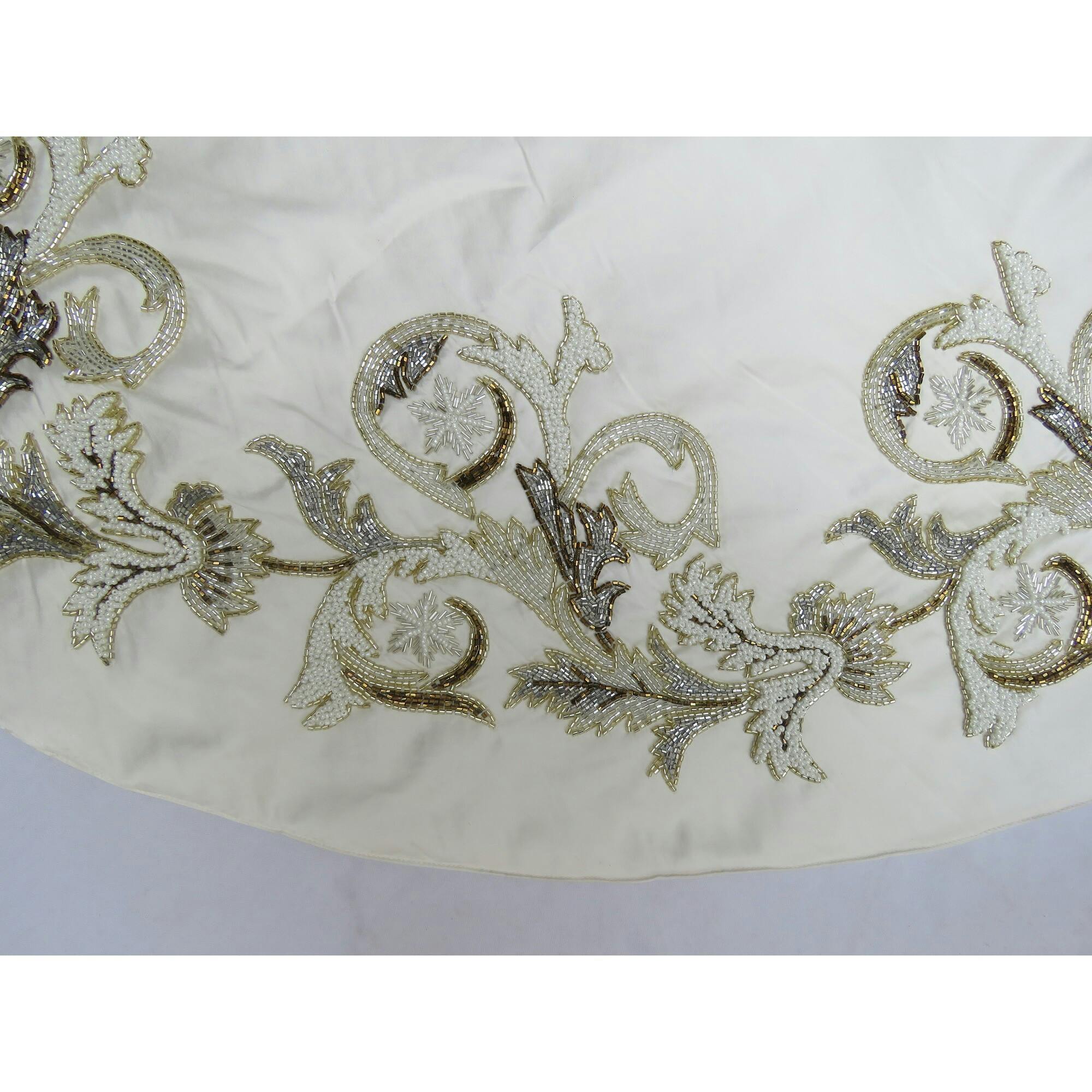 Imperial Design Hand Beaded Christmas Tree Skirt on Cream Silk- Large - 60