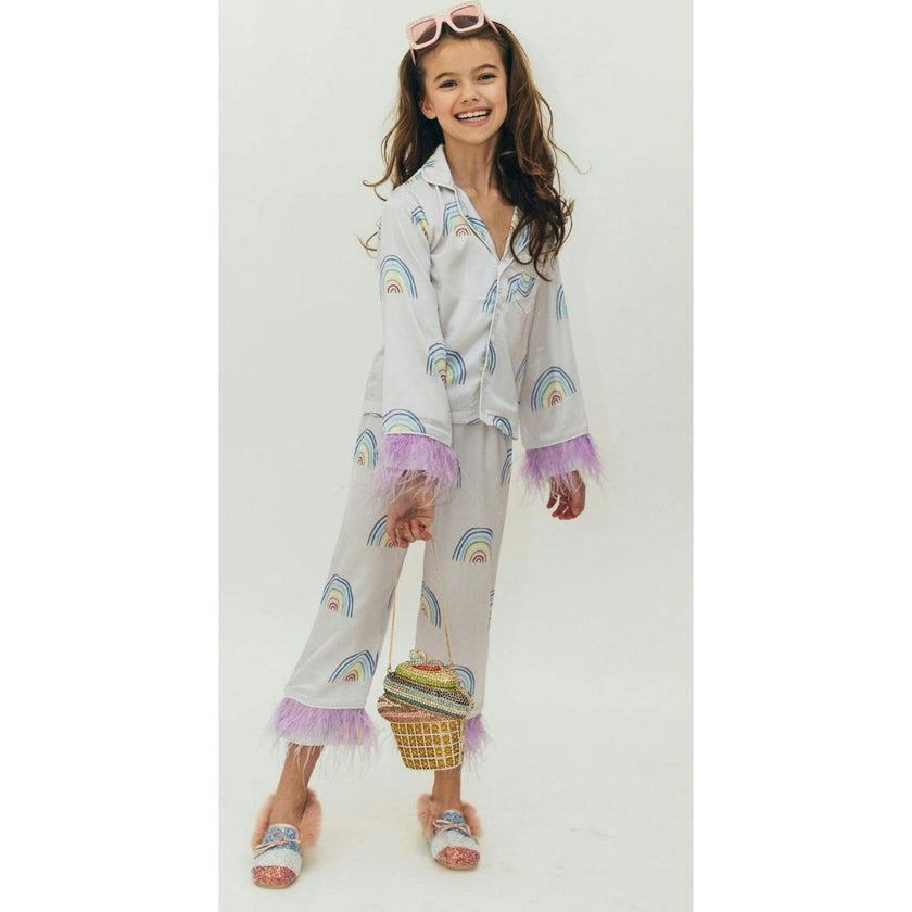 Rainbow Feather Trims Silk Pajama Set