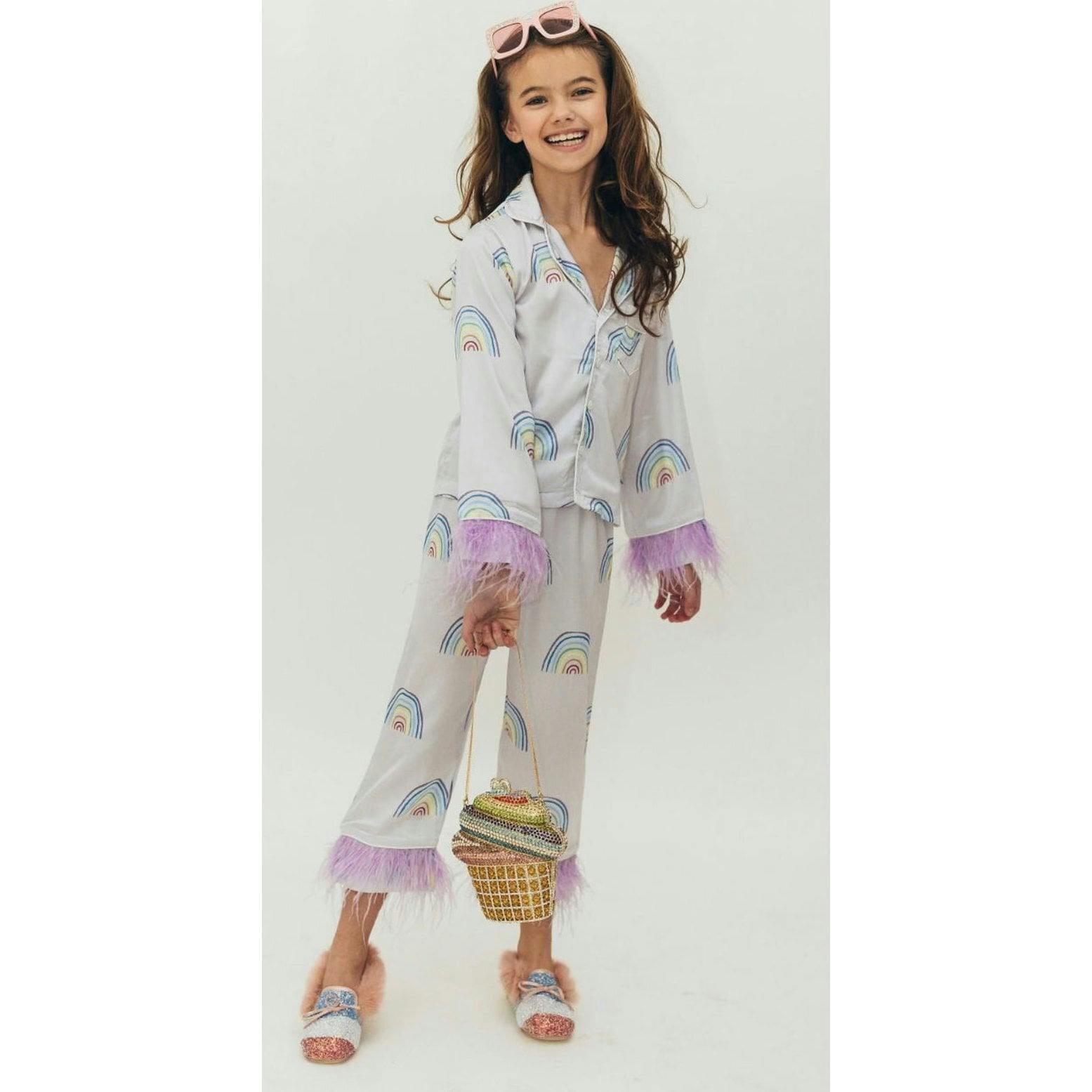 Rainbow Feather Trims Silk Pajama Set