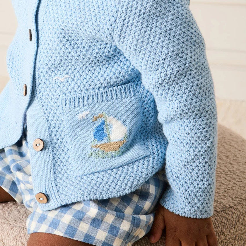 Nautical Boat Embroidery Polo Collar Cardigan in Sky Blue (12mths-6yrs)
