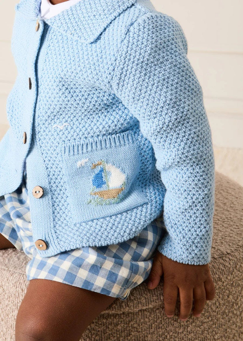Nautical Boat Embroidery Polo Collar Cardigan in Sky Blue (12mths-6yrs)