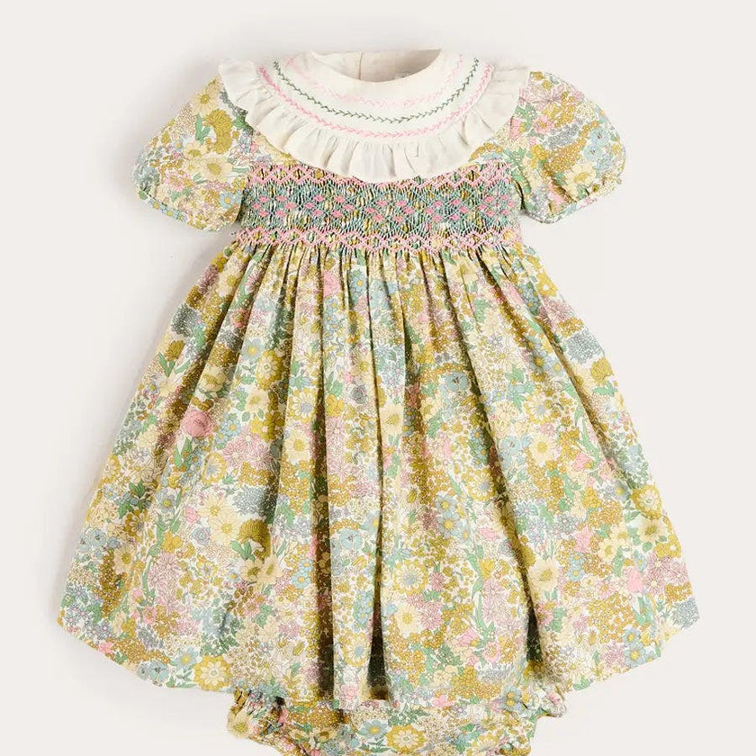 Charlotte Floral Hand Smocked Embroidered Collar Short Sleeve Dress With Bloomers in Green (6mths-3yrs)