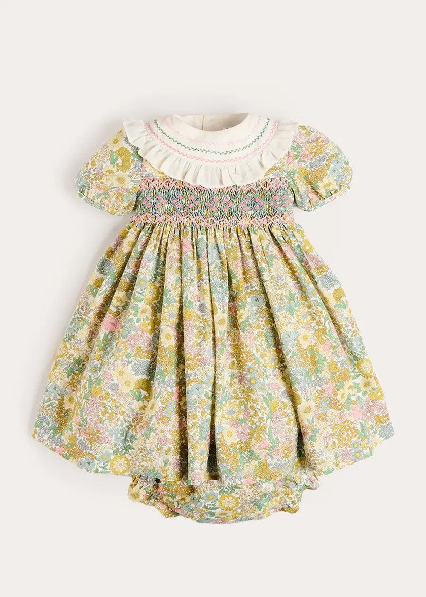 Charlotte Floral Hand Smocked Embroidered Collar Short Sleeve Dress With Bloomers in Green (6mths-3yrs)