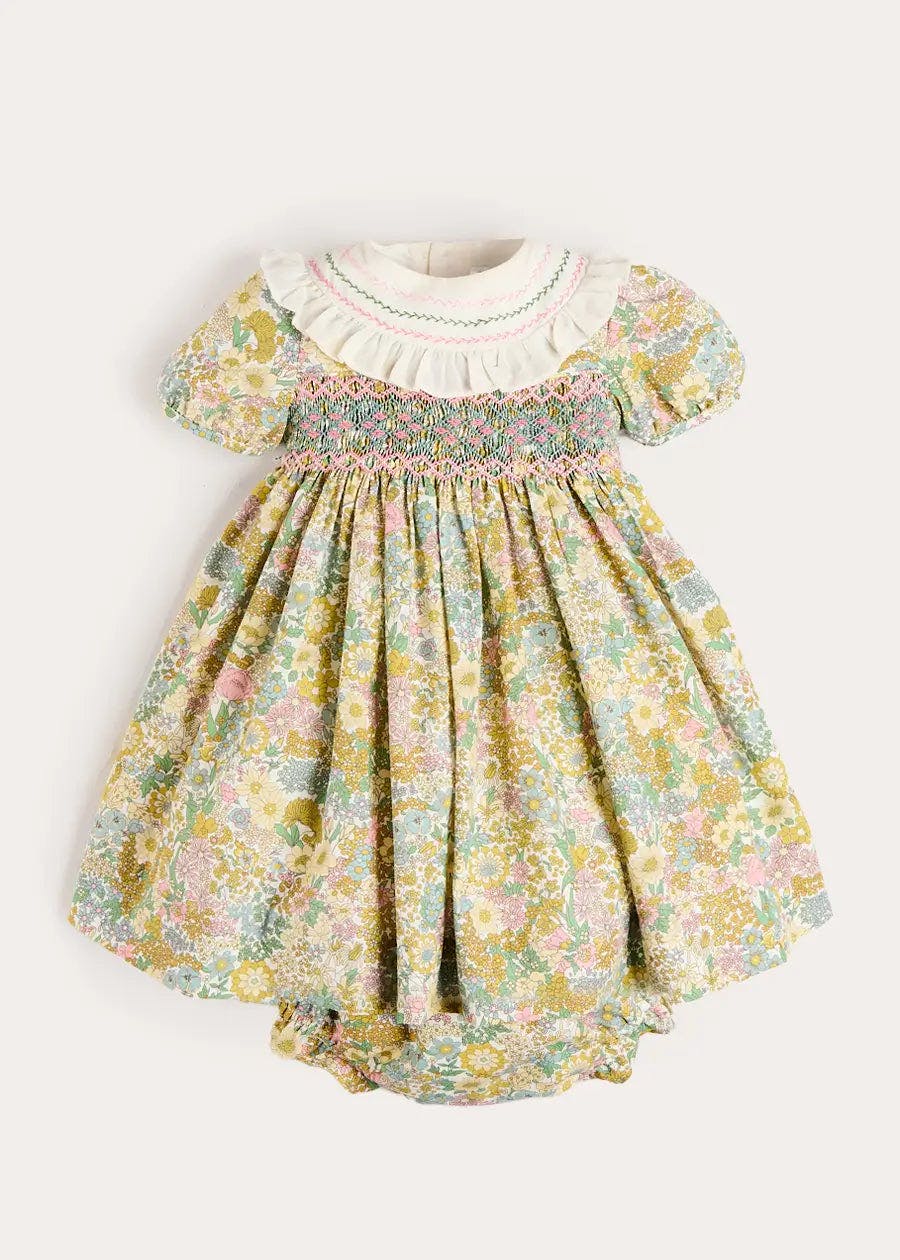 Charlotte Floral Hand Smocked Embroidered Collar Short Sleeve Dress With Bloomers in Green (6mths-3yrs)