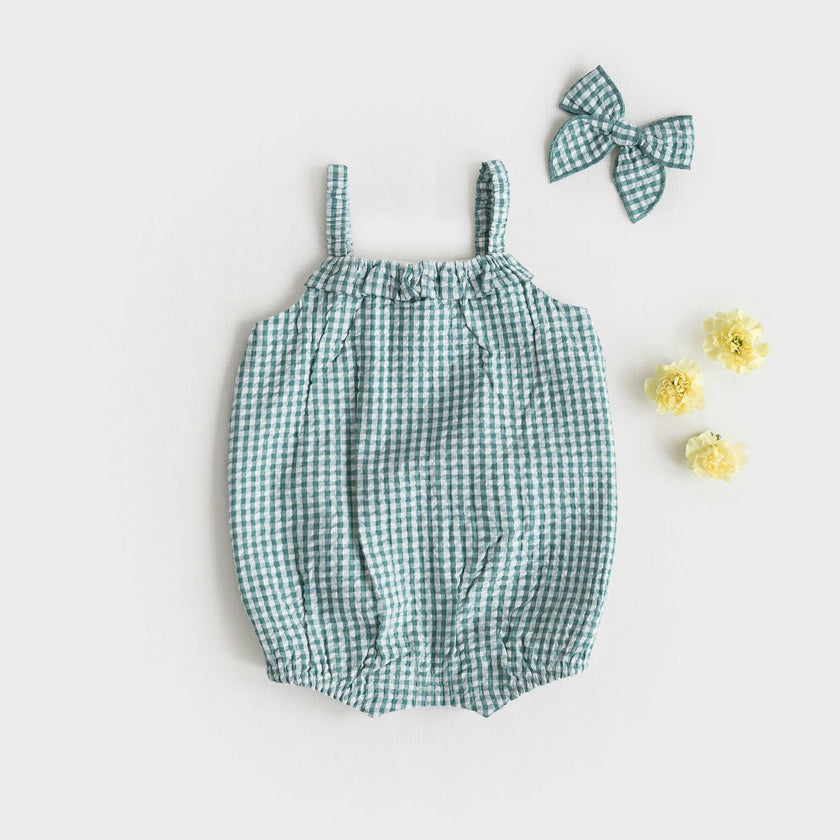 Rosalie Seersucker Ruffle Bubble Romper - Laguna Gingham