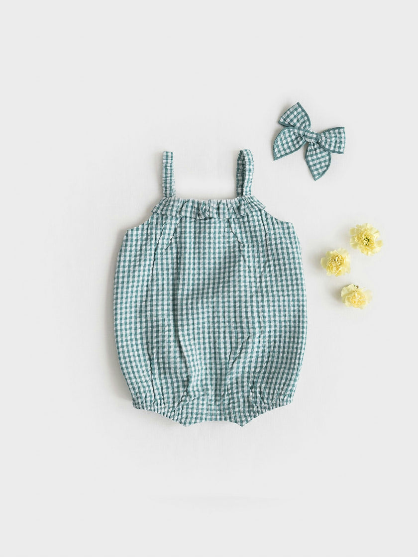 Rosalie Seersucker Ruffle Bubble Romper - Laguna Gingham