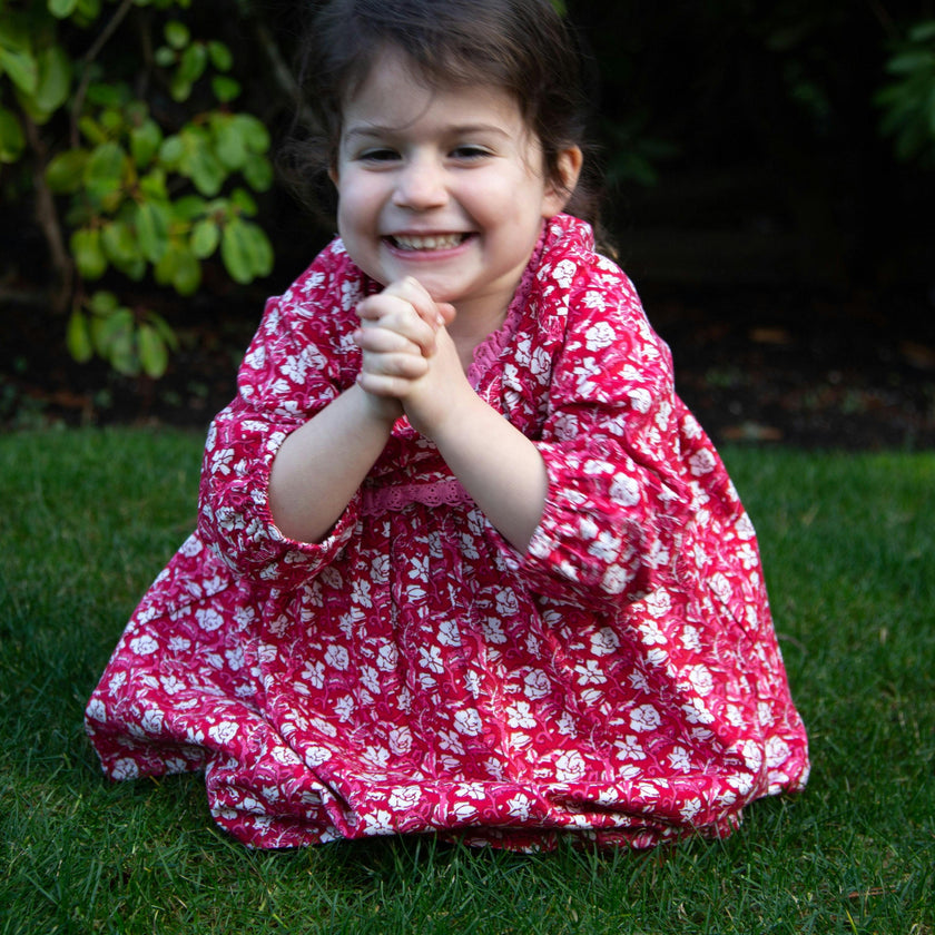 Toddler Floral Print Lace Trim Long Sleeve Dress