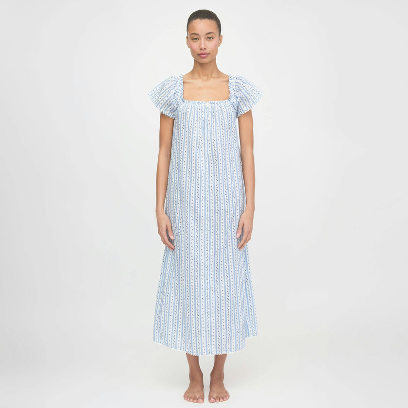 The Therese Nightgown - Blue Petal Stripe