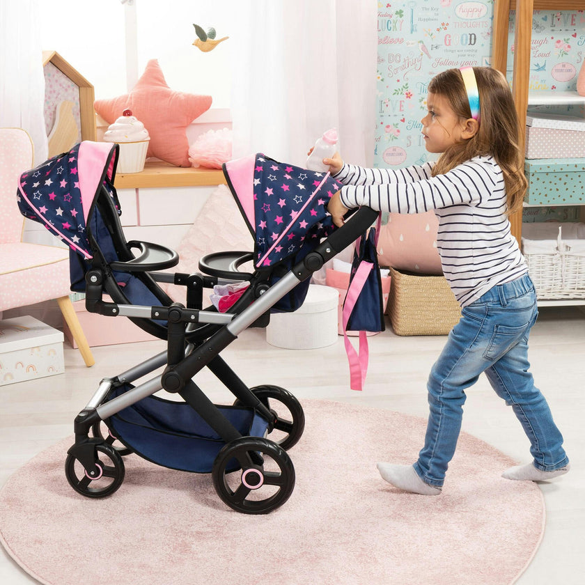 Bayer Design Dolls: Xeo Twin Pram - Stars Navy & Pink