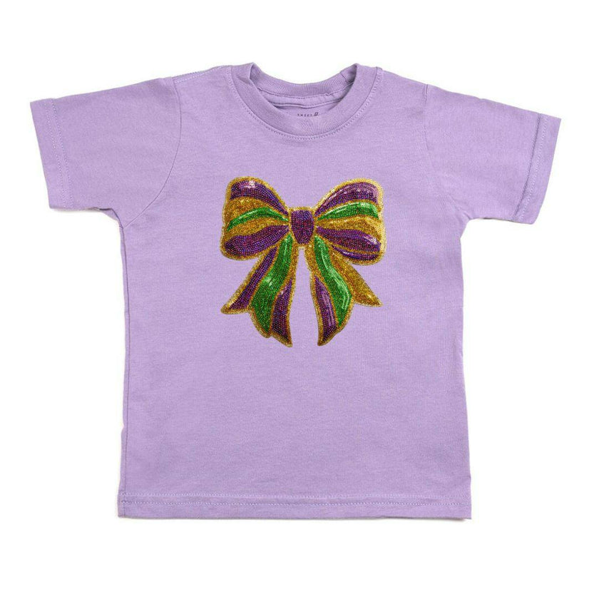 Mardi Gras Sequin Bow Patch Short Sleeve T-Shirt - Lavender
