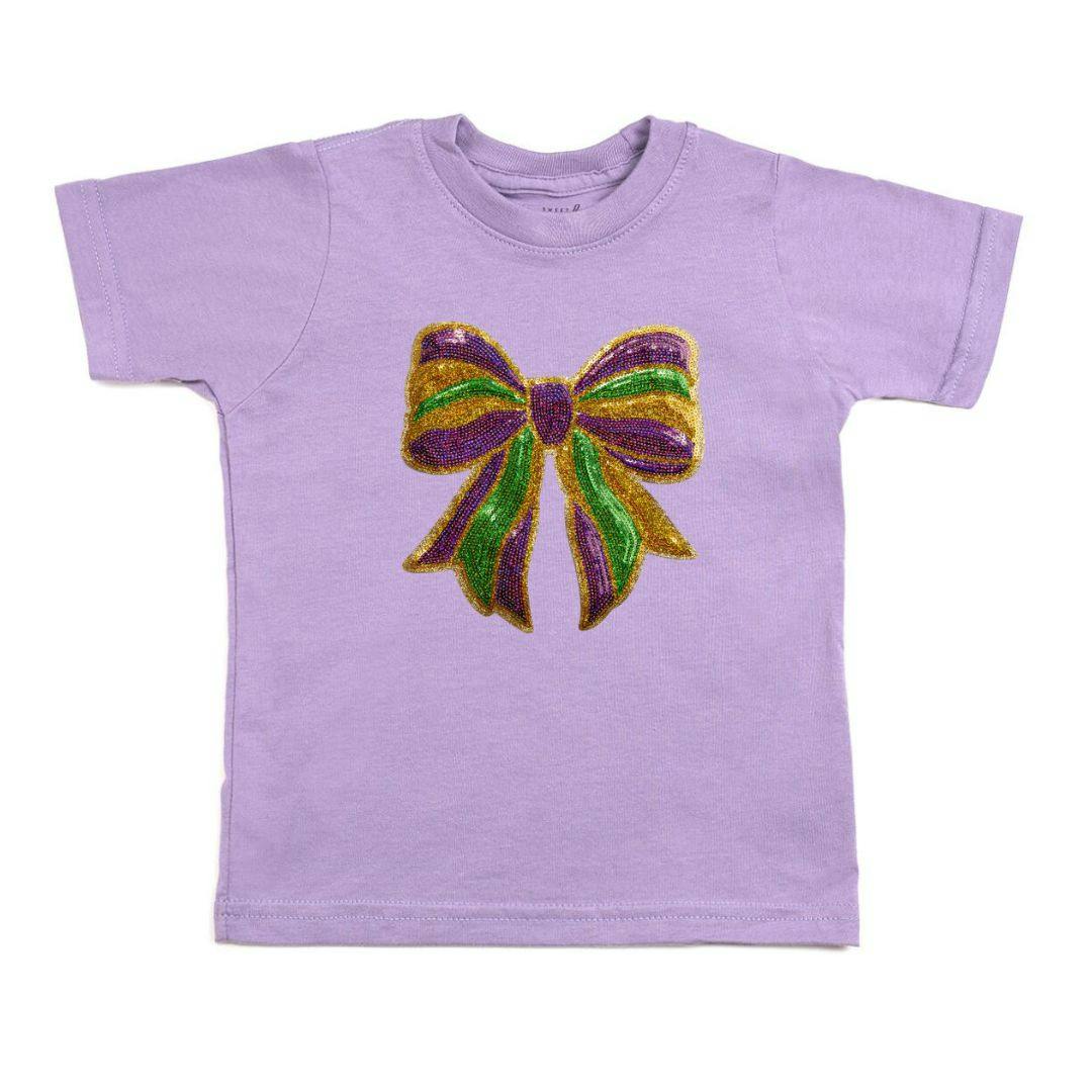 Mardi Gras Sequin Bow Patch Short Sleeve T-Shirt - Lavender