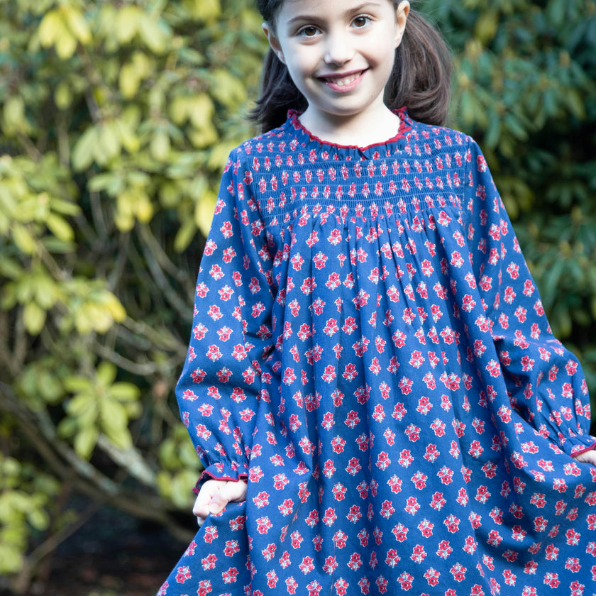 Girls All-Over Print Smocked Long Sleeve Dress