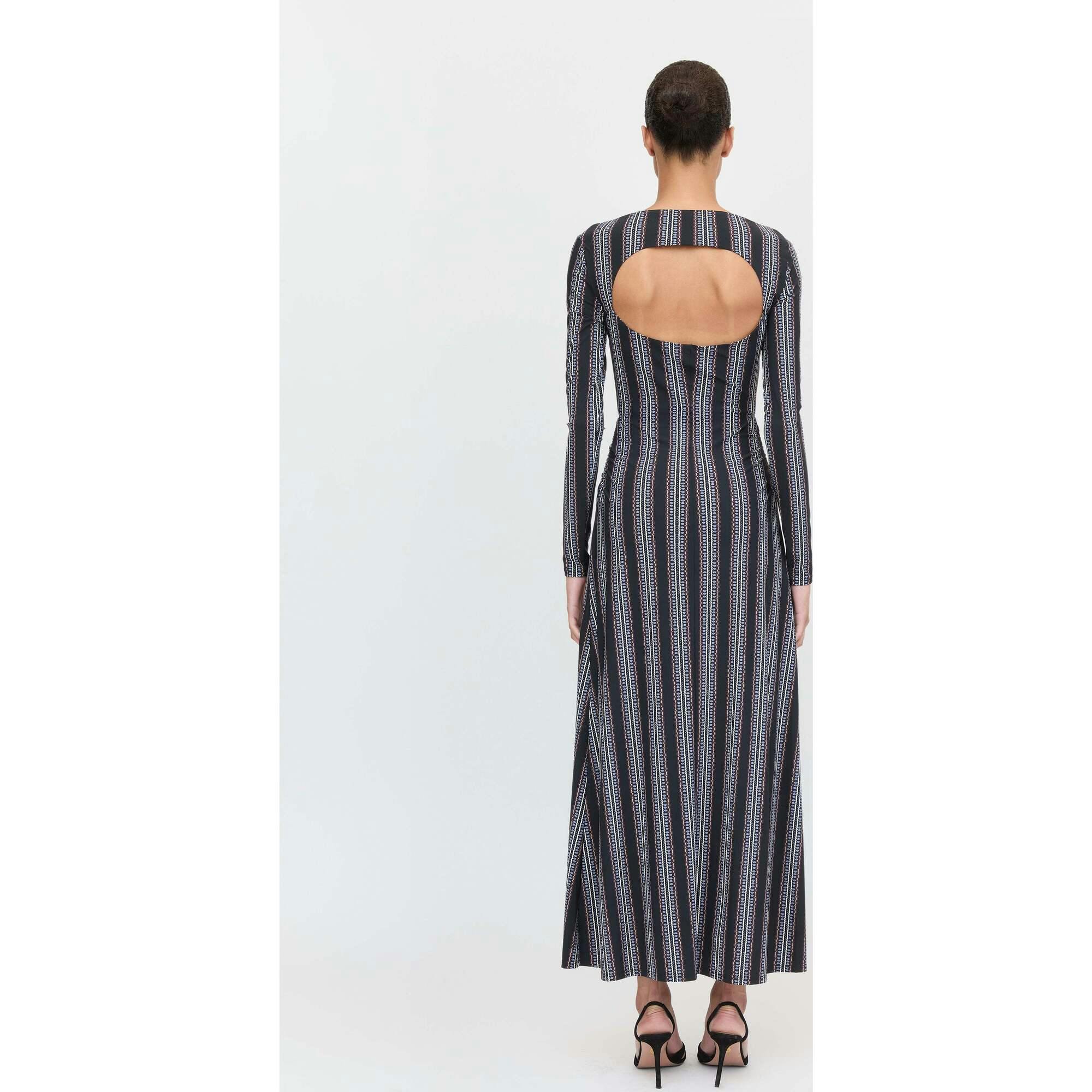 The Selene Dress - Black Cobalt Medallion Stripe