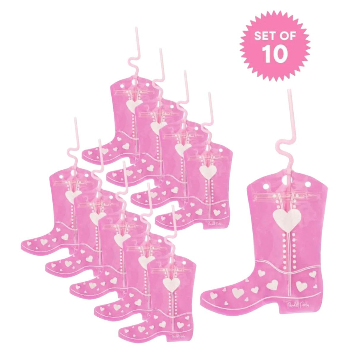 Packed Party Valentine Cowboy Boot Drink Pouches Set of 10 - Heart-Studded Boot-Shaped Reusable Drink Bags with Bendy Straws, 8 oz BPA-Free, 8x7 Inch