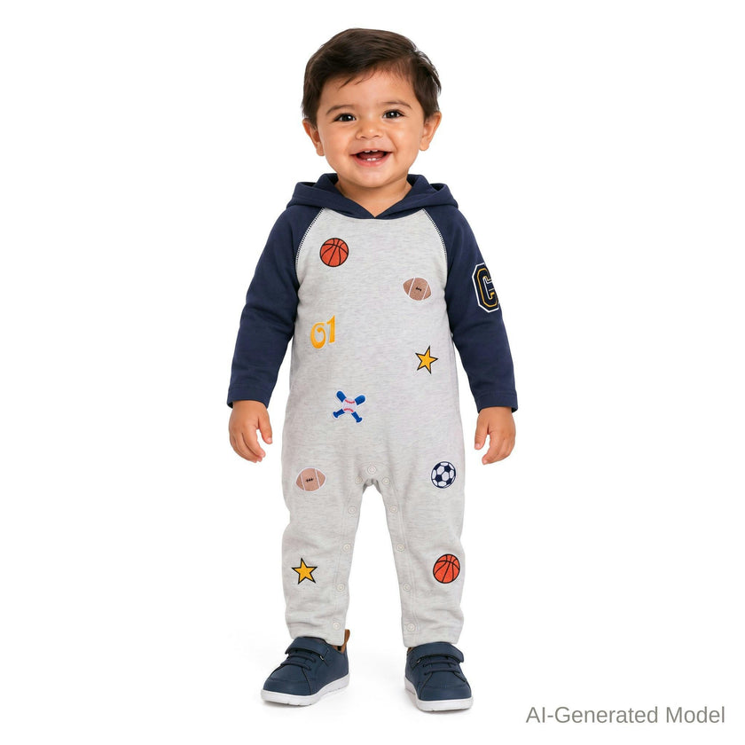 Infant (3-24M) Boys Hooded Romper | Sports All-Star - Navy