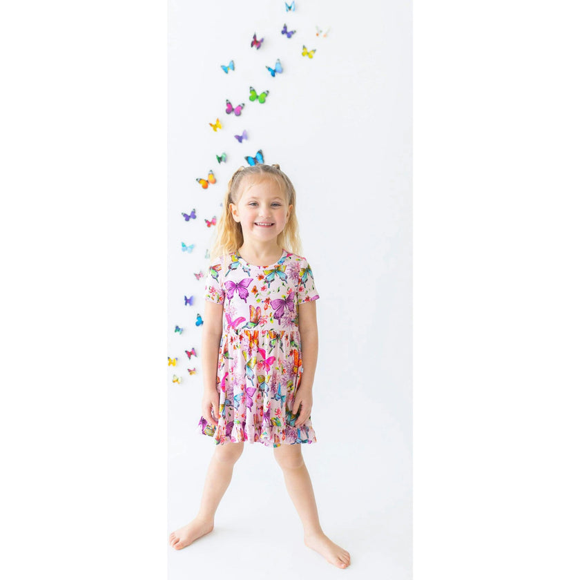 Watercolor Butterfly Short Sleeve Ruffled Twirl Dress