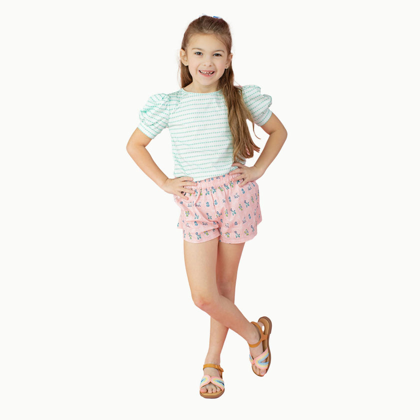 Puff Sleeve Tee in Green Floral Stripe