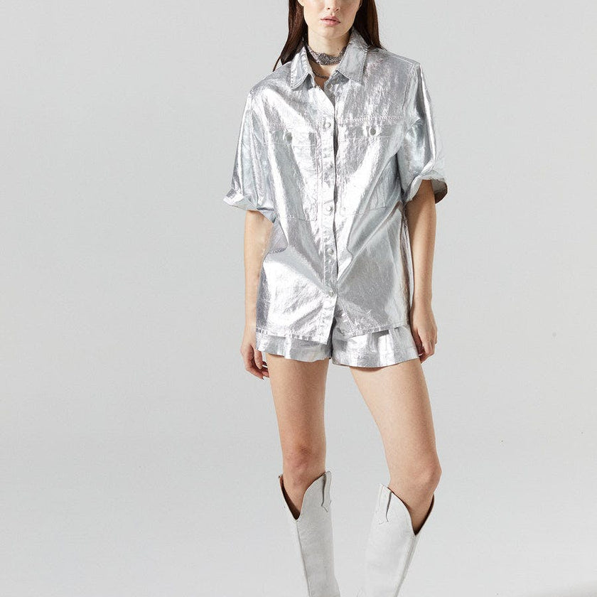 Frida Metallic Linen Shorts - New Silver