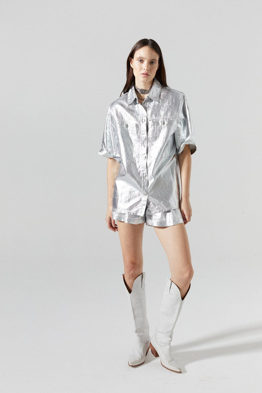 Frida Metallic Linen Shorts - New Silver