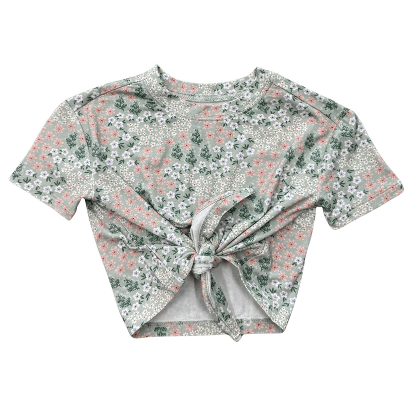 Girls Tie Front Shirt in Aqua Grey Floral