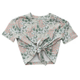 Girls Tie Front Shirt in Aqua Grey Floral