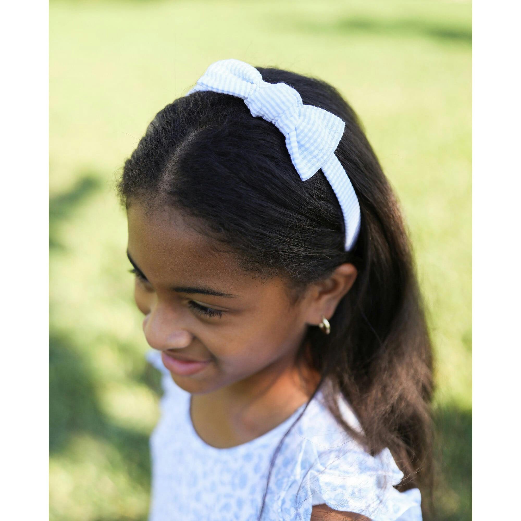 Seersucker Bow Headband in Blue/White