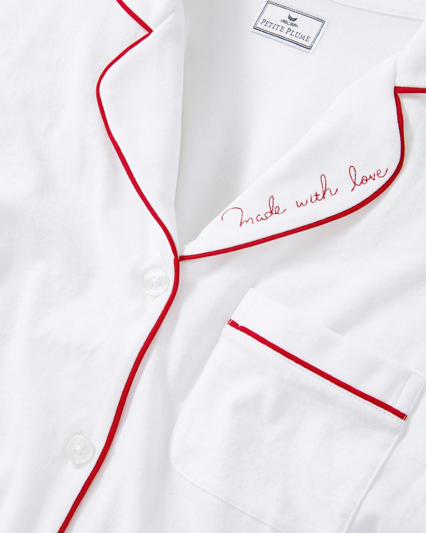 Women's Pima Pajama Set in White with 'Made with Love' Embroidery