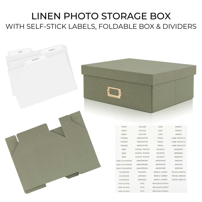 Decorative Photo Storage Box - Sturdy Linen Photo Organizer with Dividers - Stores Up to 850 4x6 Photos - Portable Scrapbook Storage Container with Lid