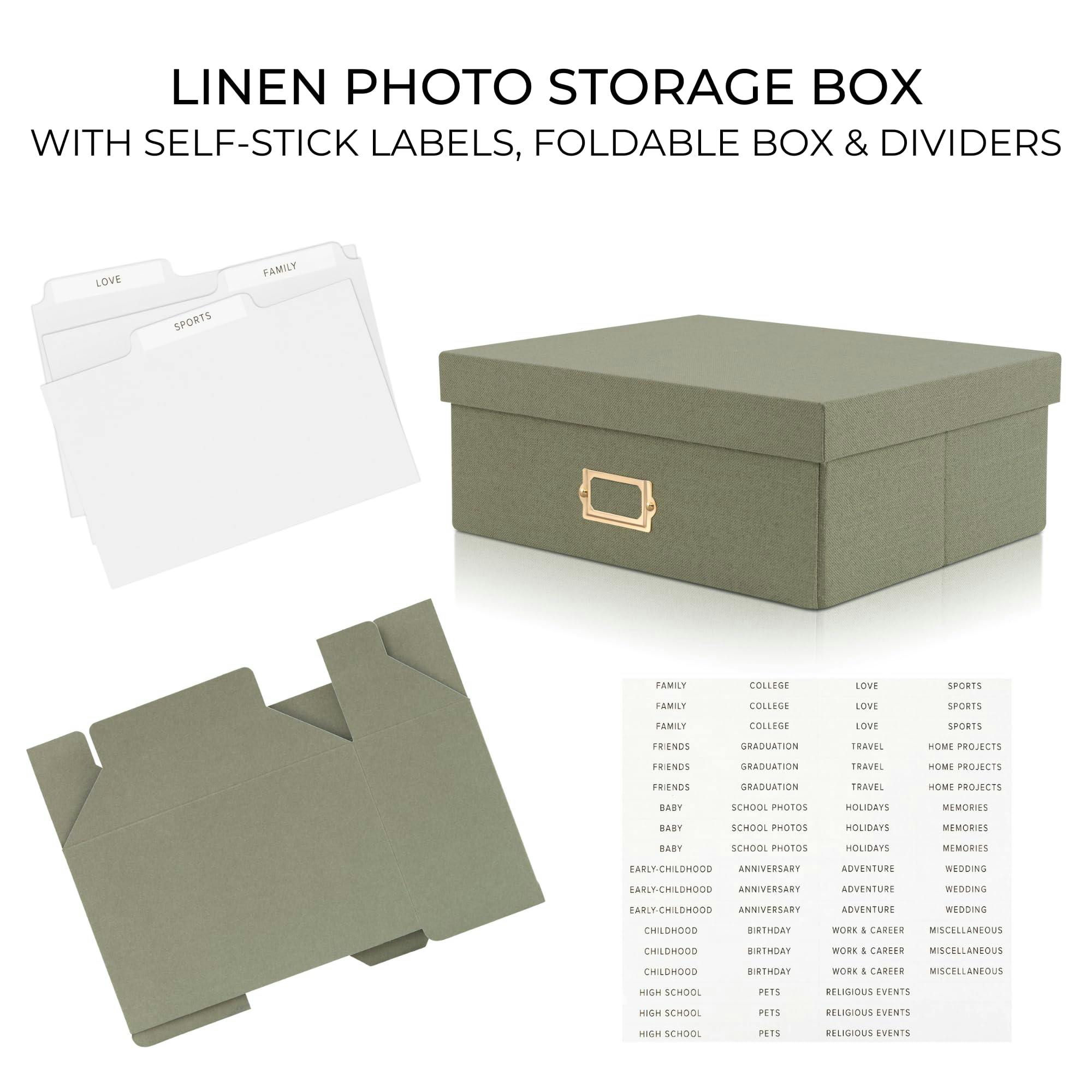 Decorative Photo Storage Box - Sturdy Linen Photo Organizer with Dividers - Stores Up to 850 4x6 Photos - Portable Scrapbook Storage Container with Lid