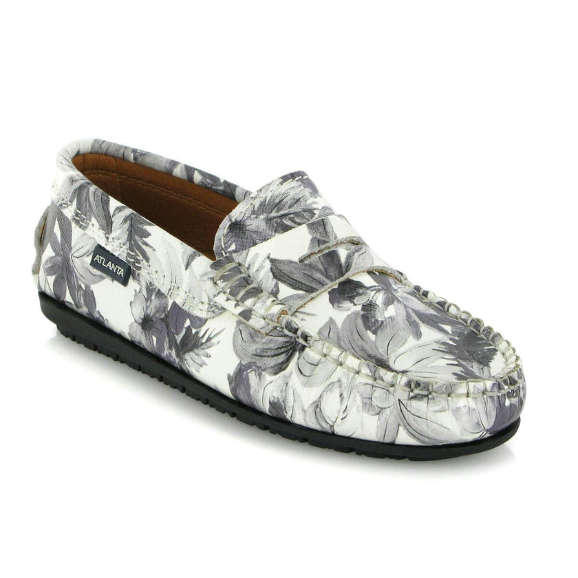 Penny 032 Walker Moccasins, Grey Flowers Printed Leather