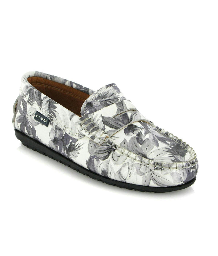 Penny 032 Walker Moccasins, Grey Flowers Printed Leather