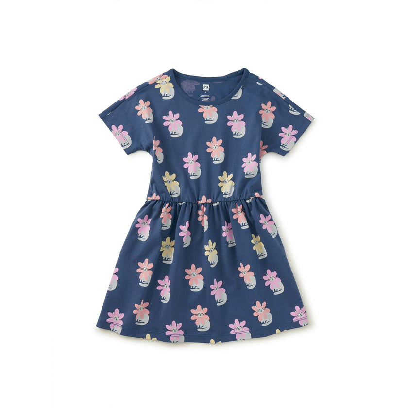 Short Sleeve Twirl Dress, Kitty Flower Power