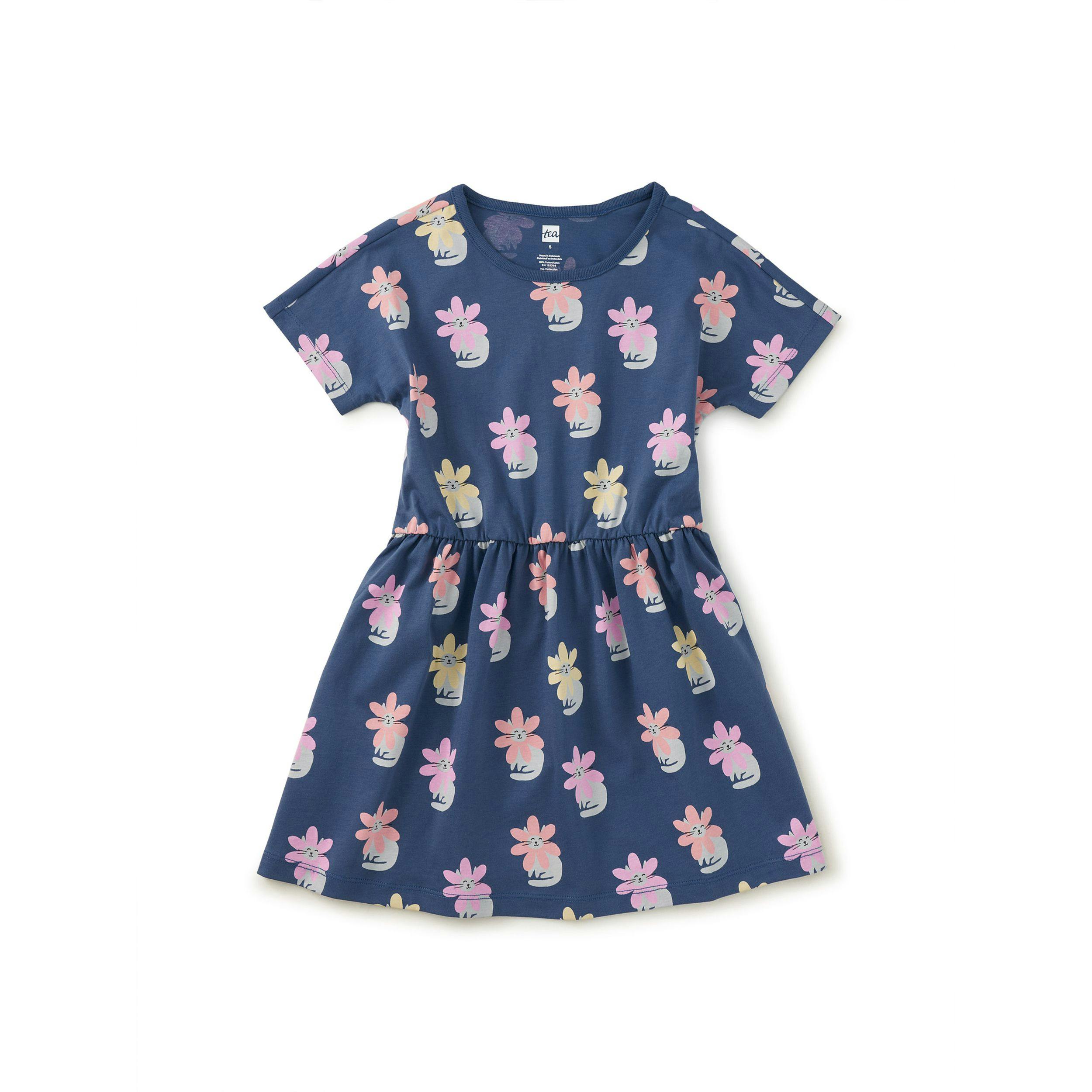 Short Sleeve Twirl Dress, Kitty Flower Power