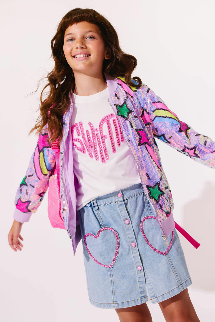 Pink Gem Hearts Denim Skirt