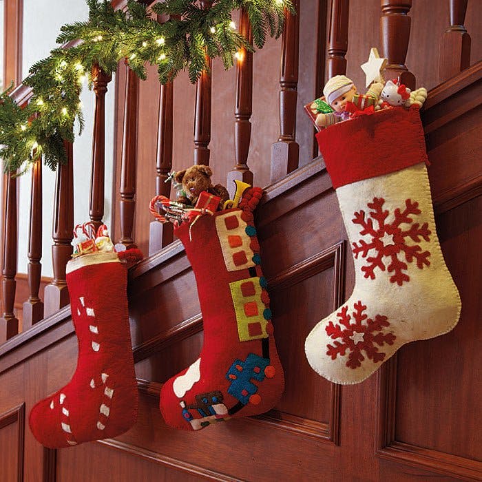 Hand Felted Wool Christmas Stocking Red Snowflakes Cream