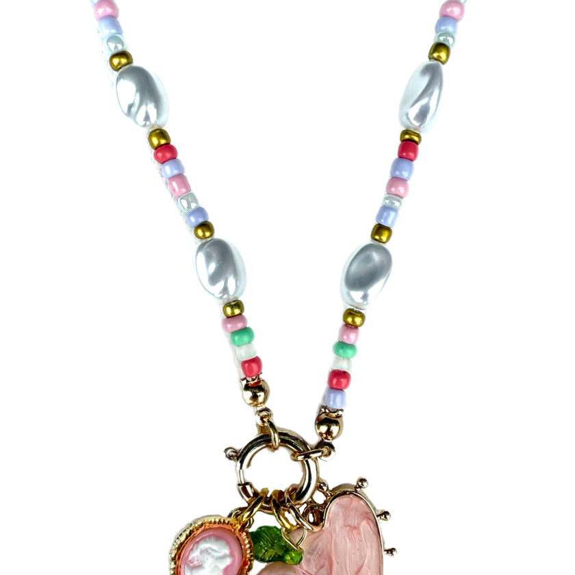 BEADED PEARL FLORAL HEART CHARM NECKLACE