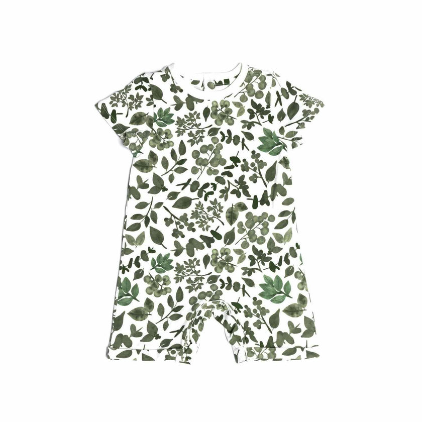 Organic Snap Romper in Green Leaves