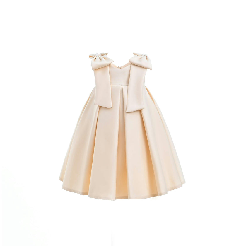 Champagne Gold Palermo Satin Bow Pleated Dress