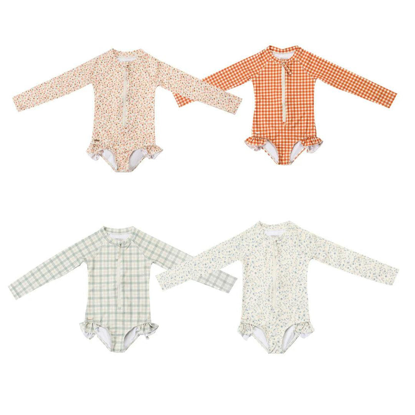 Long Sleeve Rashguard Ruffle Swimsuit | Fern Plaid