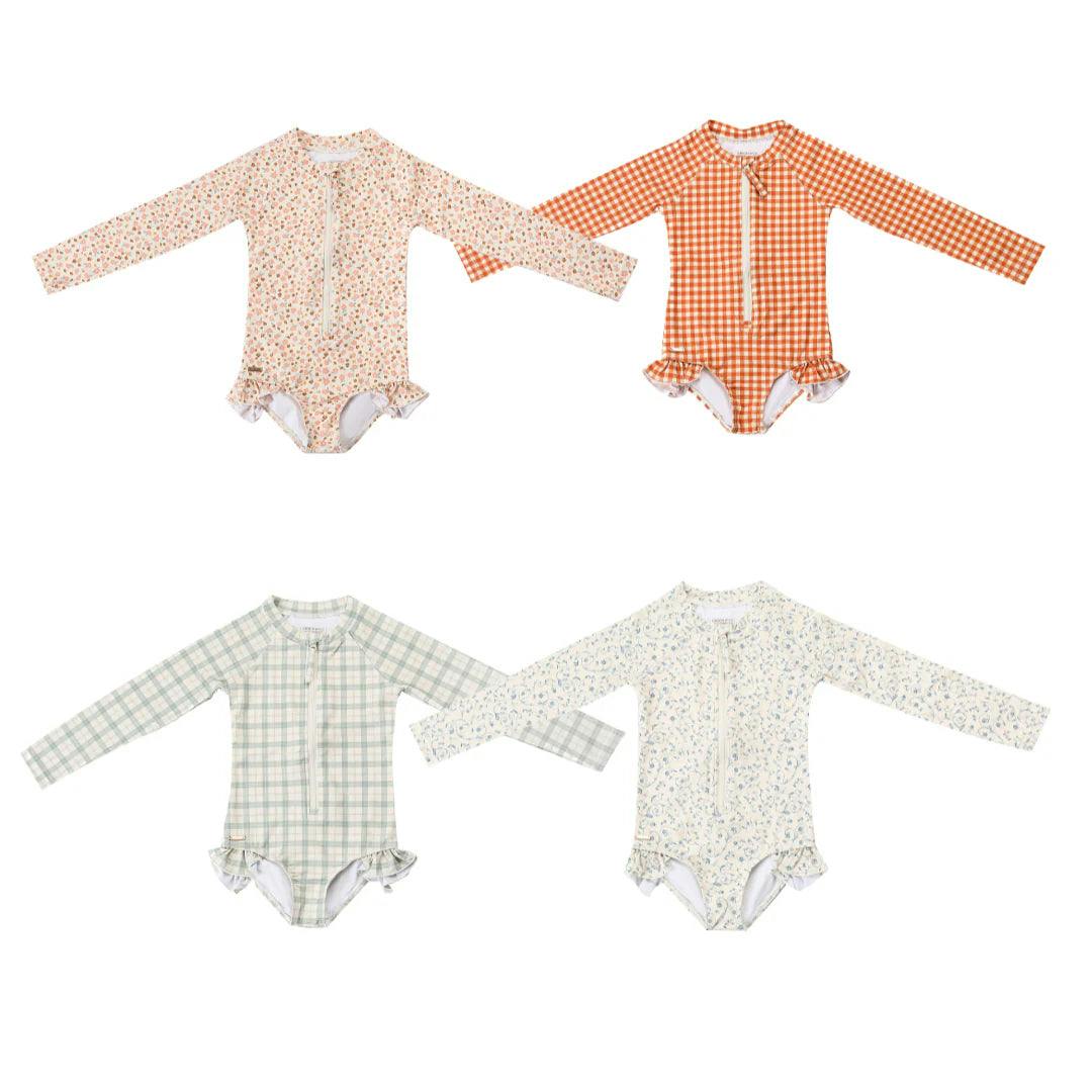 Long Sleeve Rashguard Ruffle Swimsuit | Fern Plaid